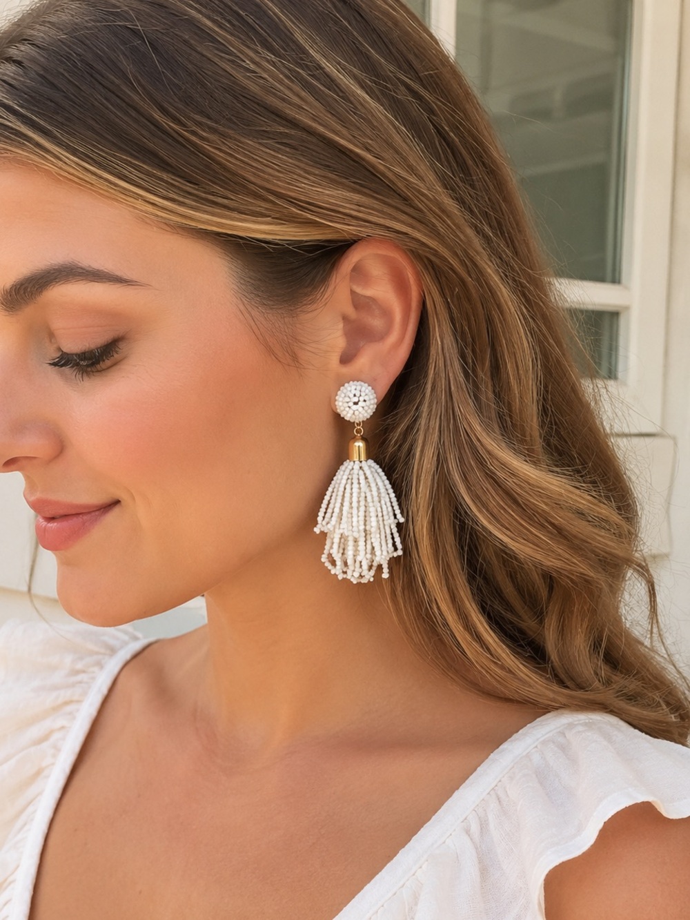 Panacea White Beaded Tassel Statement Earrings Bridal Resort Wedding NWT